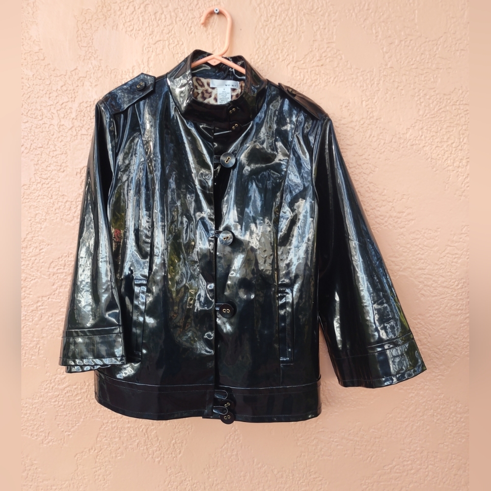 WD.NY Black Vegan Latex Faux Leather Jacket Size 10 Leopard Print Lining